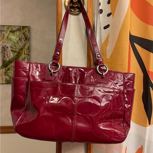 Coach Crimson Red Patent Leather Embossed Tote - Picture 2 of 7